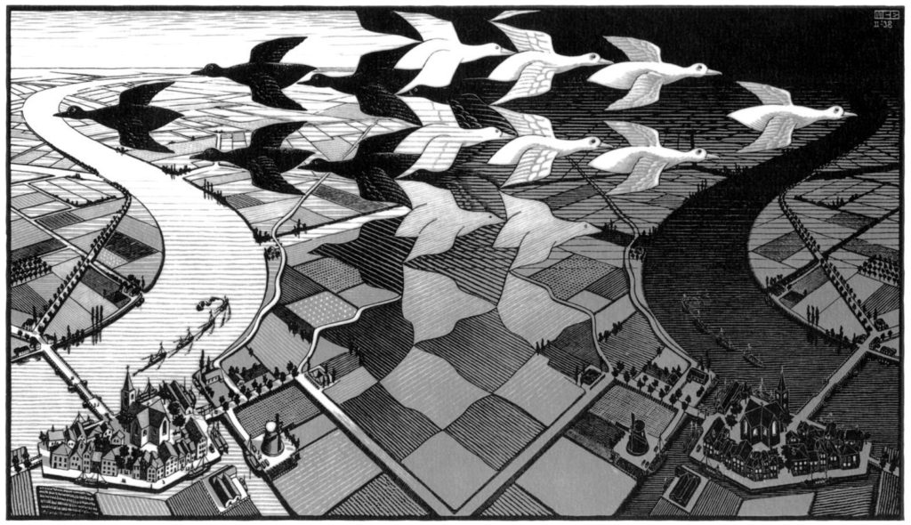 Escher: Nappal és éjjel, fény és árnyék